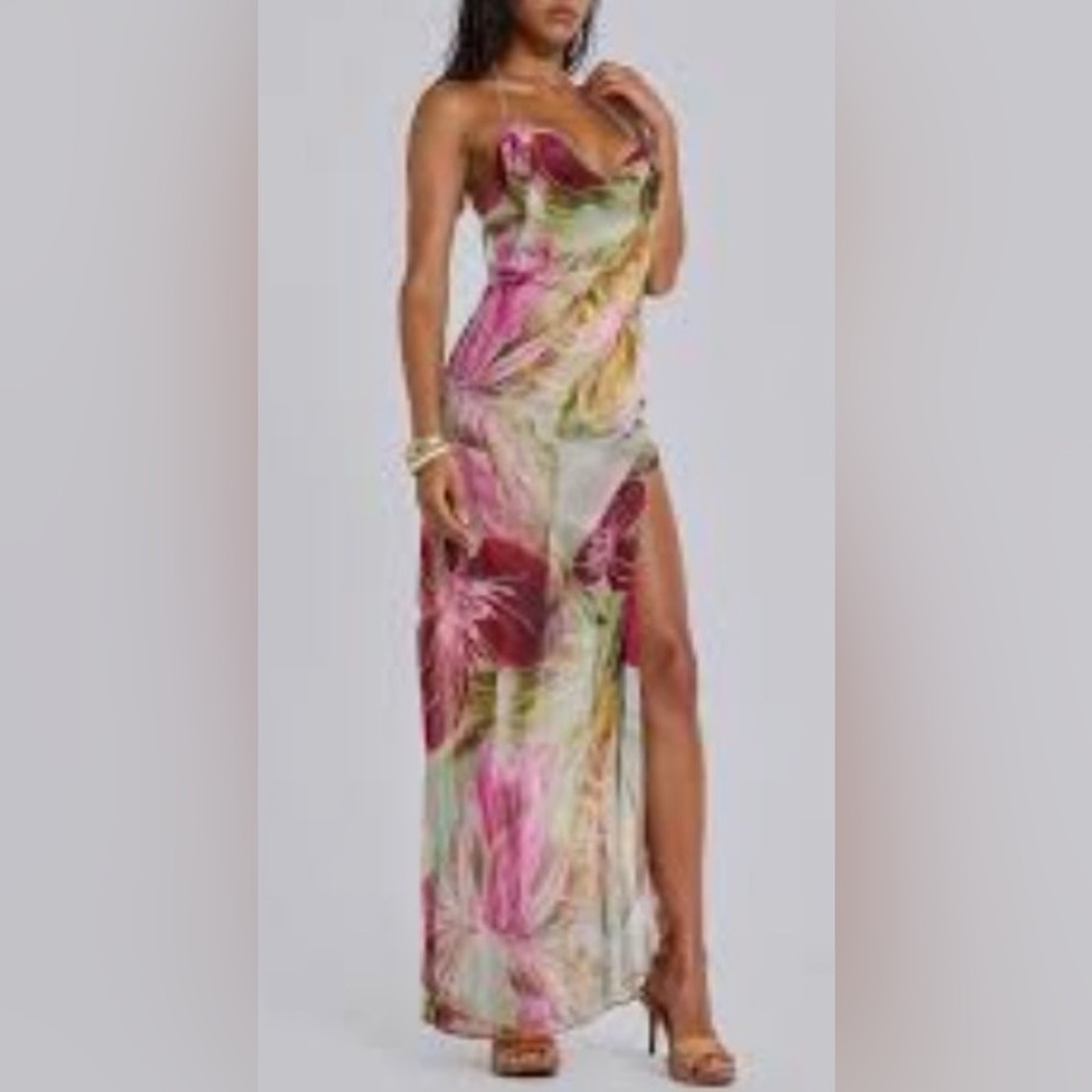 Floral High-Slit Backless Dress in Pink and Green